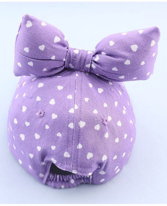 Babyhug 100% Cotton Woven Summer Cap With Bow Applique & Heart Print Lilac - Diameter 21.5 cm