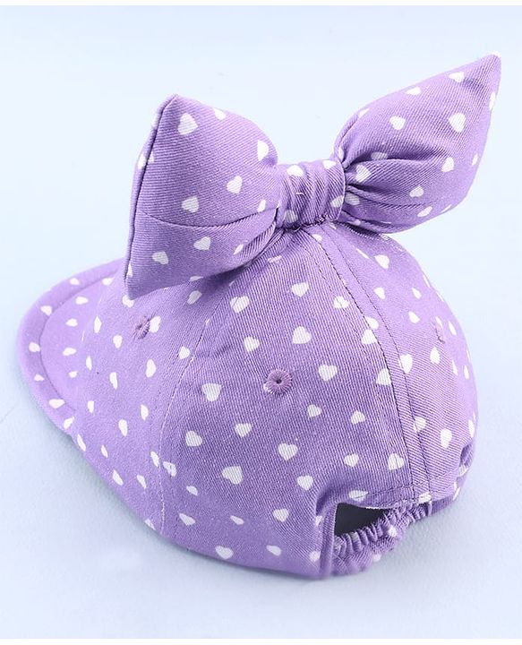 Babyhug 100% Cotton Woven Summer Cap With Bow Applique & Heart Print Lilac - Diameter 21.5 cm