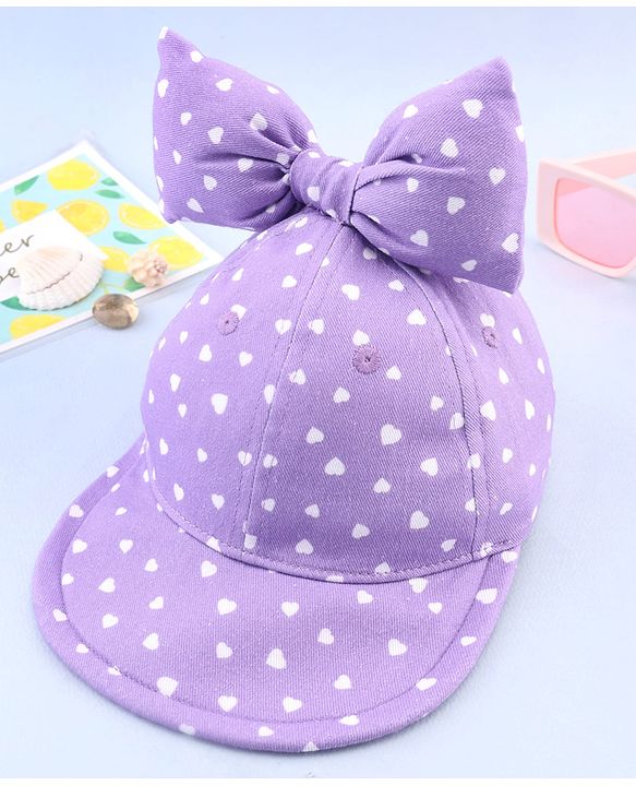 Babyhug 100% Cotton Woven Summer Cap With Bow Applique & Heart Print Lilac - Diameter 21.5 cm