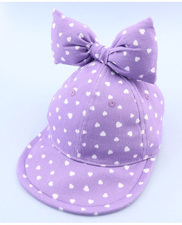 Babyhug 100% Cotton Woven Summer Cap With Bow Applique & Heart Print Lilac - Diameter 21.5 cm