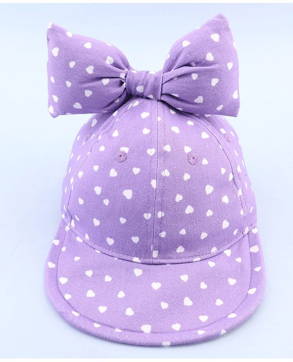 Babyhug 100% Cotton Woven Summer Cap With Bow Applique & Heart Print Lilac - Diameter 21.5 cm