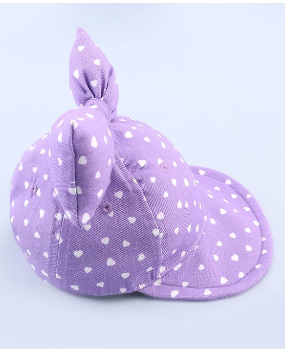 Babyhug 100% Cotton Woven Summer Cap With Bow Applique & Heart Print Lilac - Diameter 21.5 cm