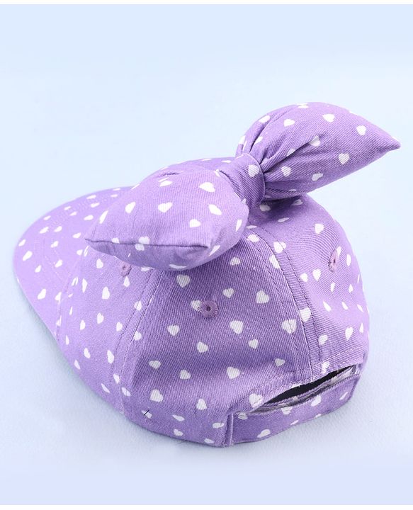 Babyhug 100% Cotton Woven Summer Cap With Bow Applique & Heart Print Lilac - Diameter 21.5 cm