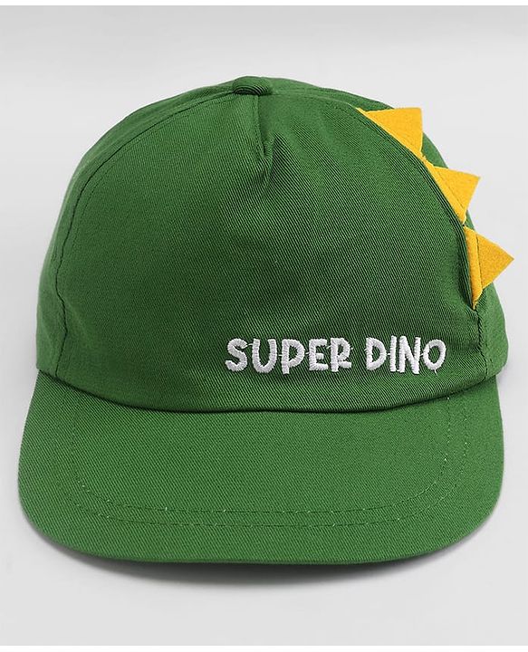 Babyhug 100% Cotton Woven Summer Cap With Text Emroidery & Dino Applique Olive Green - Diameter 20.5 cm
