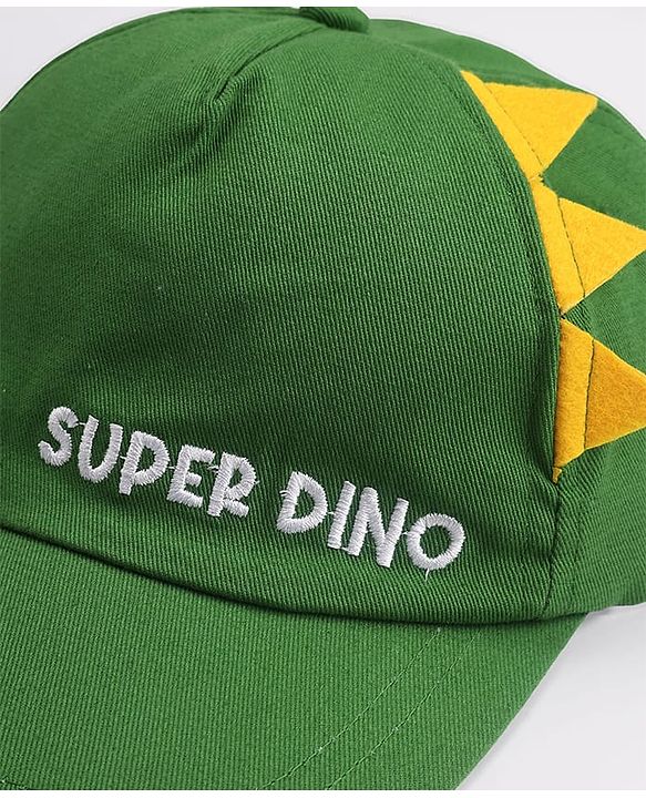 Babyhug 100% Cotton Woven Summer Cap With Text Emroidery & Dino Applique Olive Green - Diameter 20.5 cm