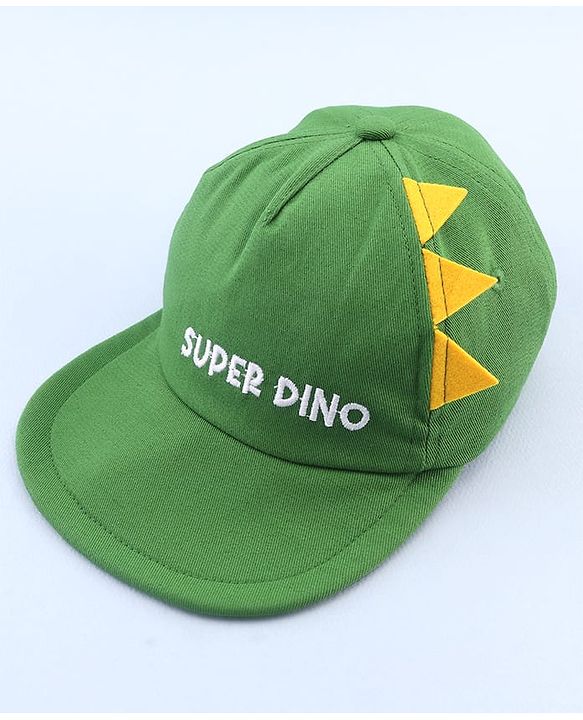 Babyhug 100% Cotton Woven Summer Cap With Text Emroidery & Dino Applique Olive Green - Diameter 20.5 cm