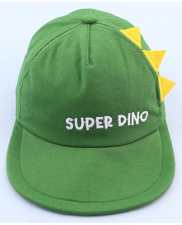 Babyhug 100% Cotton Woven Summer Cap With Text Emroidery & Dino Applique Olive Green - Diameter 20.5 cm