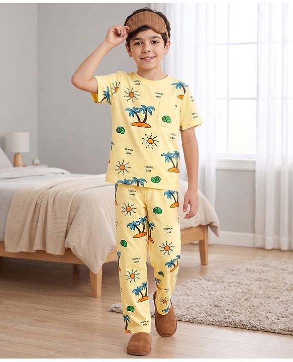 Pine Kids Cotton Knit Half Sleeves T-Shirt & Pyjama Co-ord Night Suit with Tree Print - Yellow