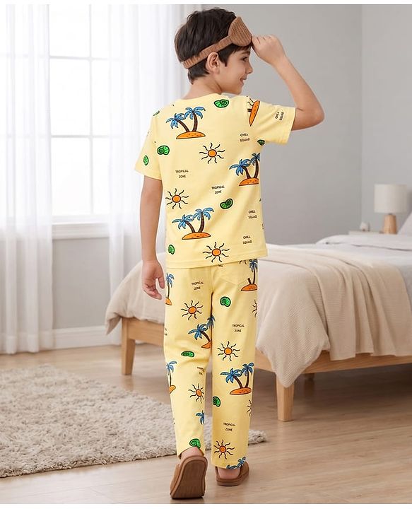 Pine Kids Cotton Knit Half Sleeves T-Shirt & Pyjama Co-ord Night Suit with Tree Print - Yellow