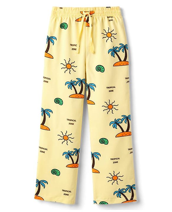 Pine Kids Cotton Knit Half Sleeves T-Shirt & Pyjama Co-ord Night Suit with Tree Print - Yellow