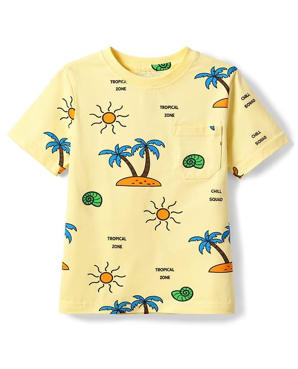 Pine Kids Cotton Knit Half Sleeves T-Shirt & Pyjama Co-ord Night Suit with Tree Print - Yellow
