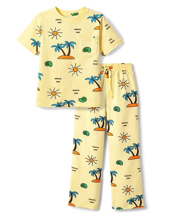 Pine Kids Cotton Knit Half Sleeves T-Shirt & Pyjama Co-ord Night Suit with Tree Print - Yellow