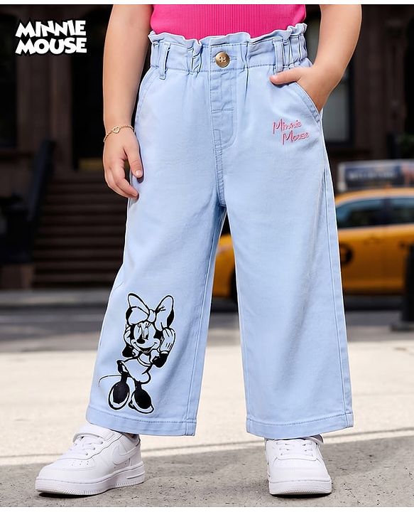Babyhug Disney Denim Woven Full Length Jeans With Minnie Mouse Graphic - Blue