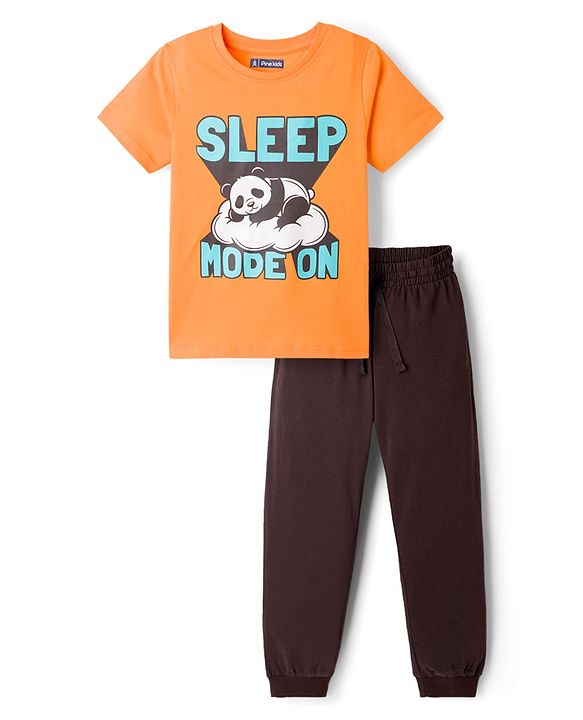 Pine Kids Cotton Knit Half Sleeves T-Shirt & Pyjama Night Suit With Panda & Text Print - Orange & Black