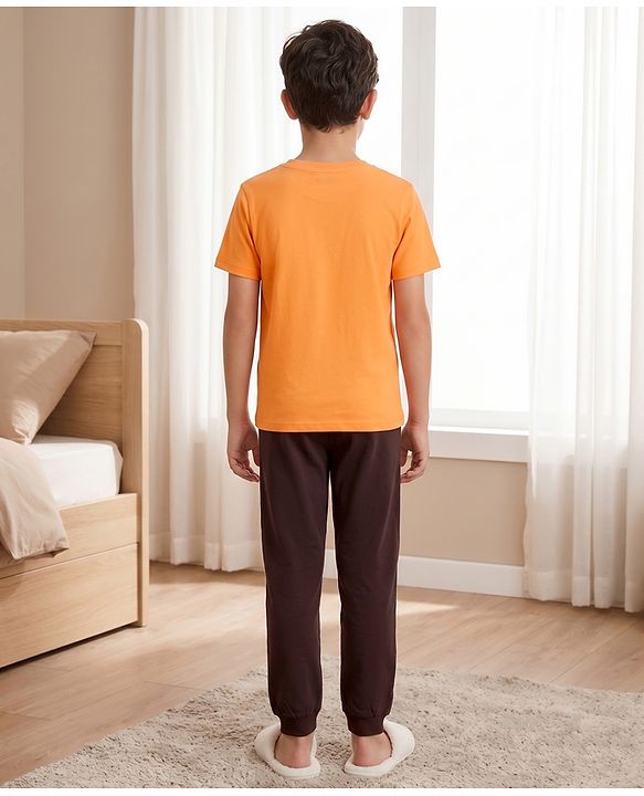 Pine Kids Cotton Knit Half Sleeves T-Shirt & Pyjama Night Suit With Panda & Text Print - Orange & Black