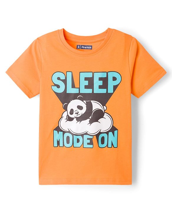 Pine Kids Cotton Knit Half Sleeves T-Shirt & Pyjama Night Suit With Panda & Text Print - Orange & Black