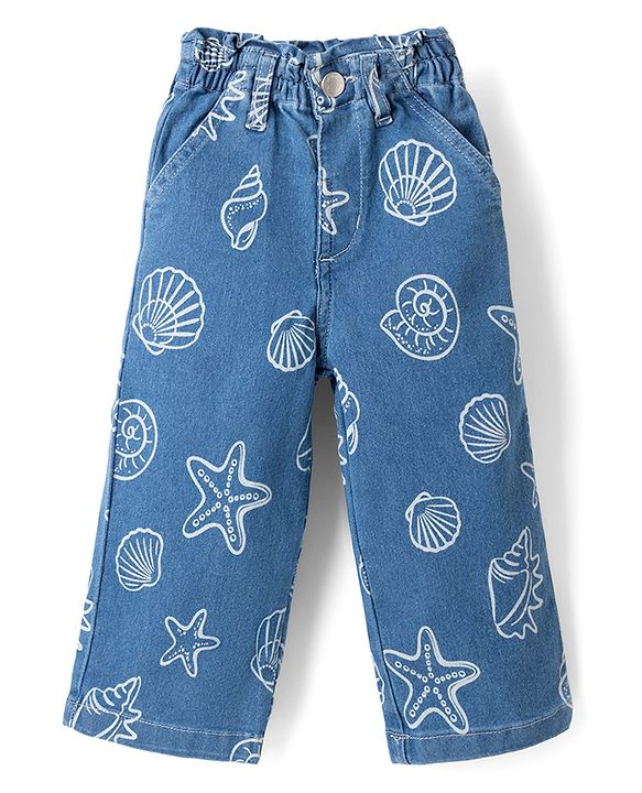 Babyhug Disney Denim Woven Full Length Jeans With Disney Princess Graphics - Blue