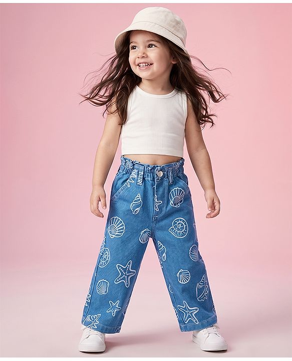 Babyhug Disney Denim Woven Full Length Jeans With Disney Princess Graphics - Blue