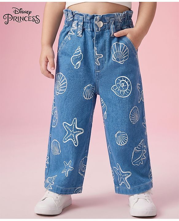 Babyhug Disney Denim Woven Full Length Jeans With Disney Princess Graphics - Blue