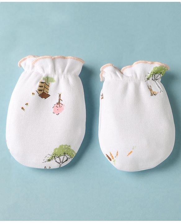 Babyhug 100% Cotton Interlock Knit Cap Mittens & Booties With Tree Home Print White - Diameter 14 cm