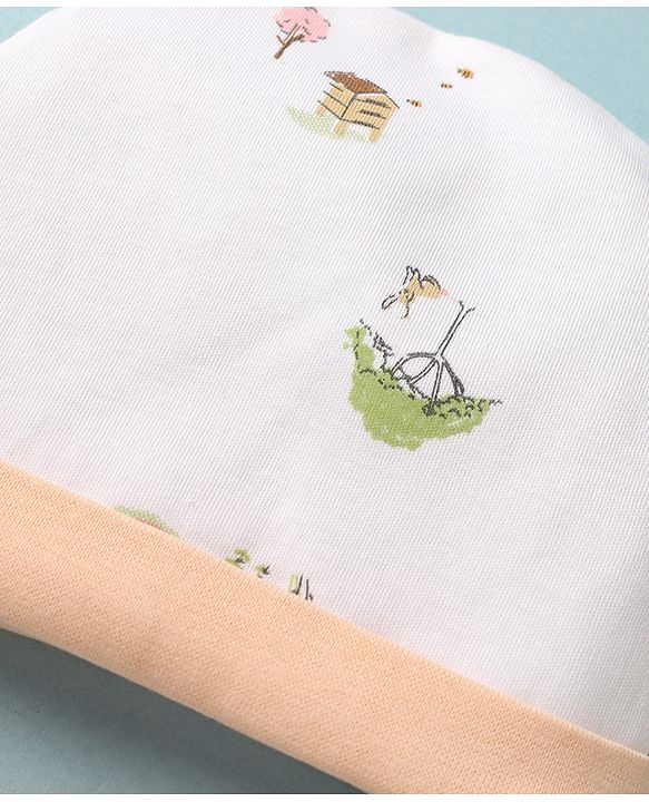 Babyhug 100% Cotton Interlock Knit Cap Mittens & Booties With Tree Home Print White - Diameter 14 cm