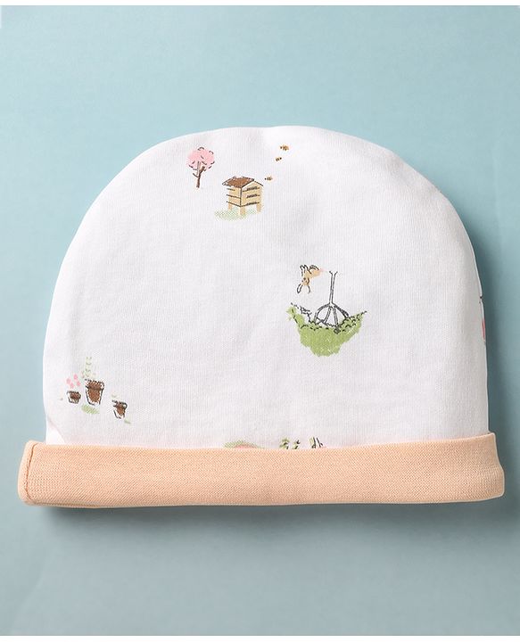 Babyhug 100% Cotton Interlock Knit Cap Mittens & Booties With Tree Home Print White - Diameter 14 cm