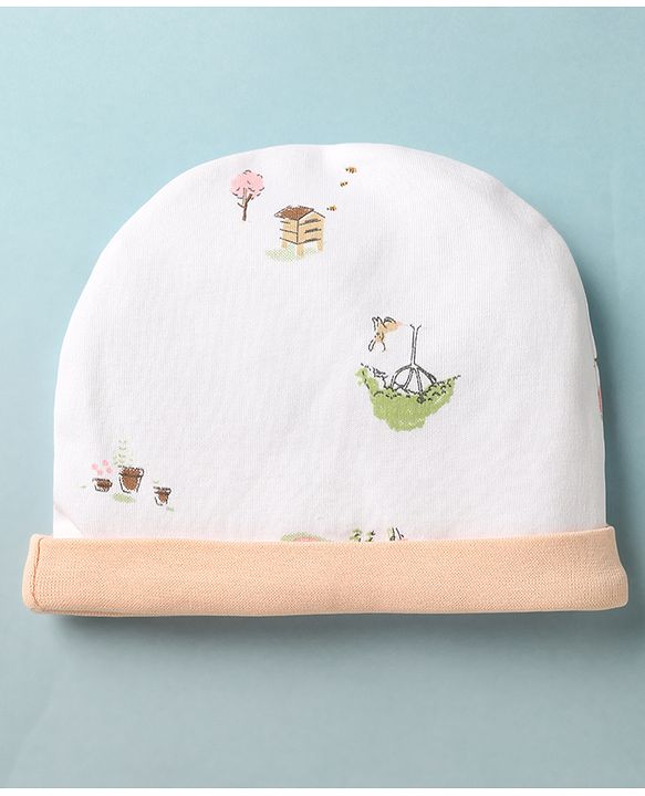 Babyhug 100% Cotton Interlock Knit Cap Mittens & Booties With Tree Home Print White - Diameter 14 cm