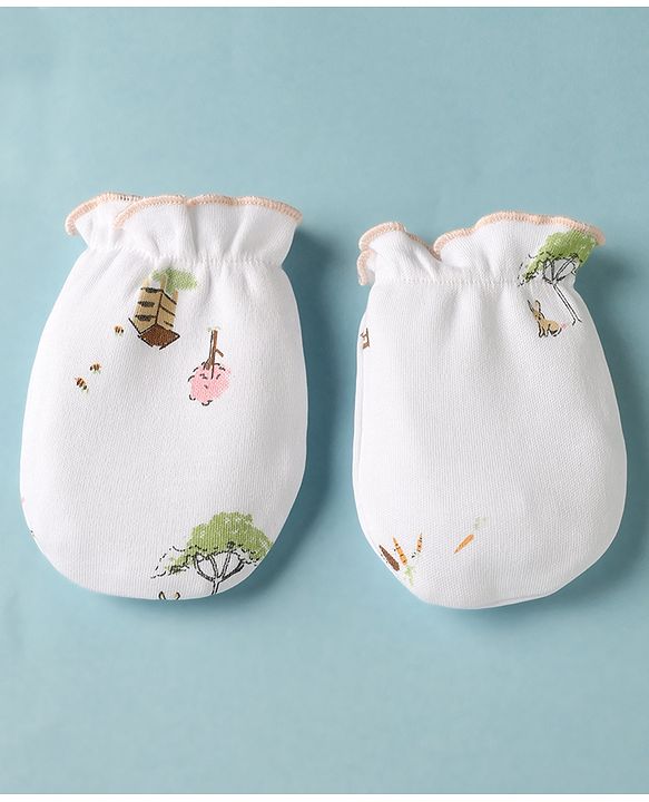 Babyhug 100% Cotton Interlock Knit Cap Mittens & Booties With Tree Home Print White - Diameter 14 cm