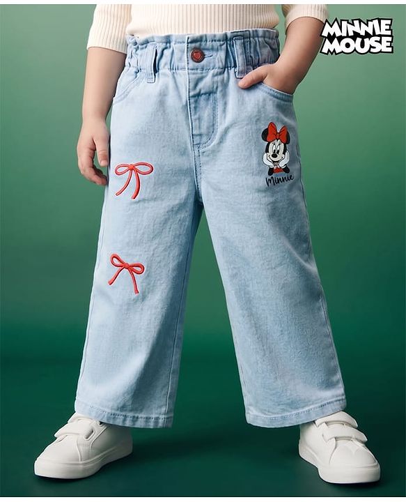 Babyhug Disney Denim Woven Full Length Jeans With Minnie Mouse Graphic & Bow Embroidery - Light Blue