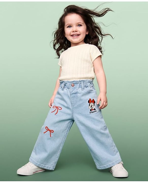 Babyhug Disney Denim Woven Full Length Jeans With Minnie Mouse Graphic & Bow Embroidery - Light Blue