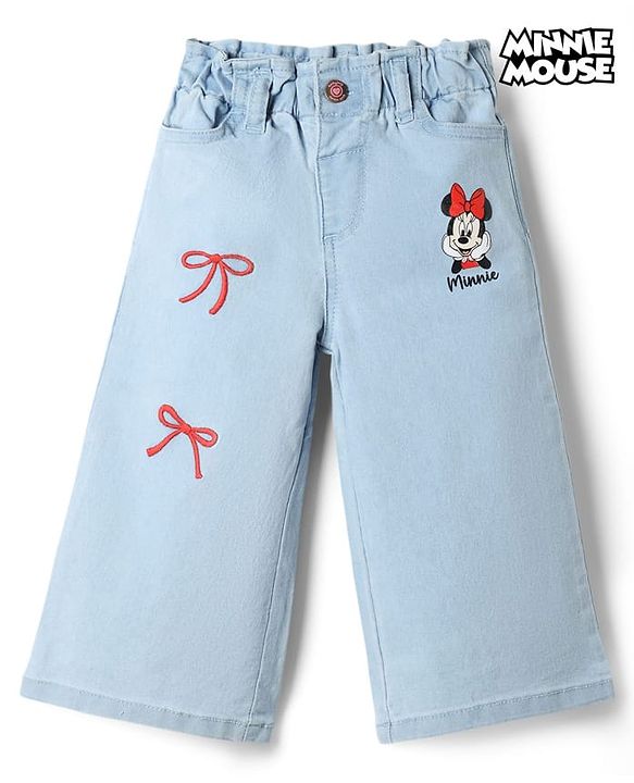 Babyhug Disney Denim Woven Full Length Jeans With Minnie Mouse Graphic & Bow Embroidery - Light Blue