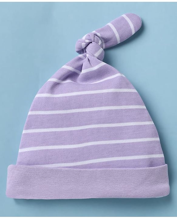 Babyhug 100% Cotton Interlock Knit Caps With Animal & Stripe Print Pack of 2 White & Lilac - Diameter 13.5 cm