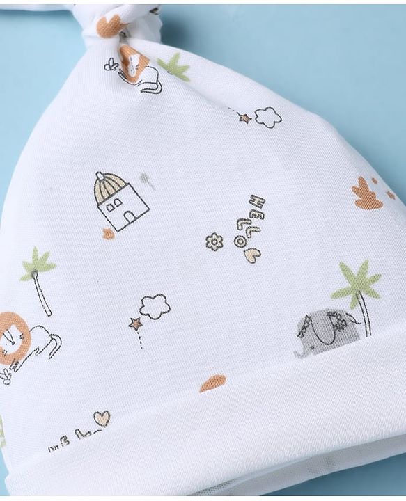 Babyhug 100% Cotton Interlock Knit Caps With Animal & Stripe Print Pack of 2 White & Lilac - Diameter 13.5 cm