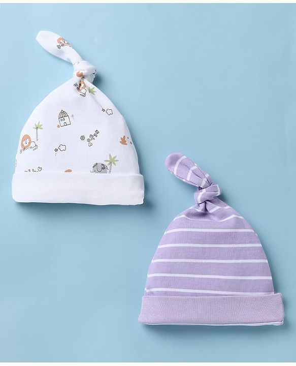 Babyhug 100% Cotton Interlock Knit Caps With Animal & Stripe Print Pack of 2 White & Lilac - Diameter 13.5 cm