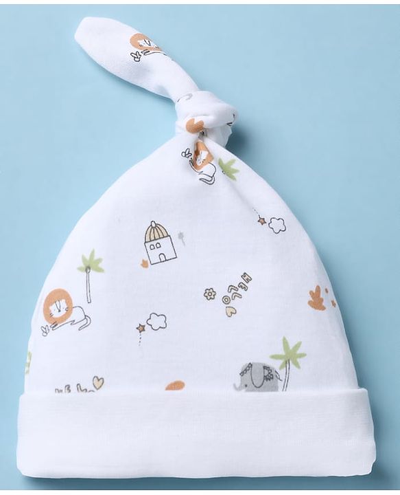 Babyhug 100% Cotton Interlock Knit Caps With Animal & Stripe Print Pack of 2 White & Lilac - Diameter 13.5 cm