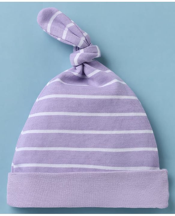 Babyhug 100% Cotton Interlock Knit Caps With Animal & Stripe Print Pack of 2 White & Lilac - Diameter 13.5 cm