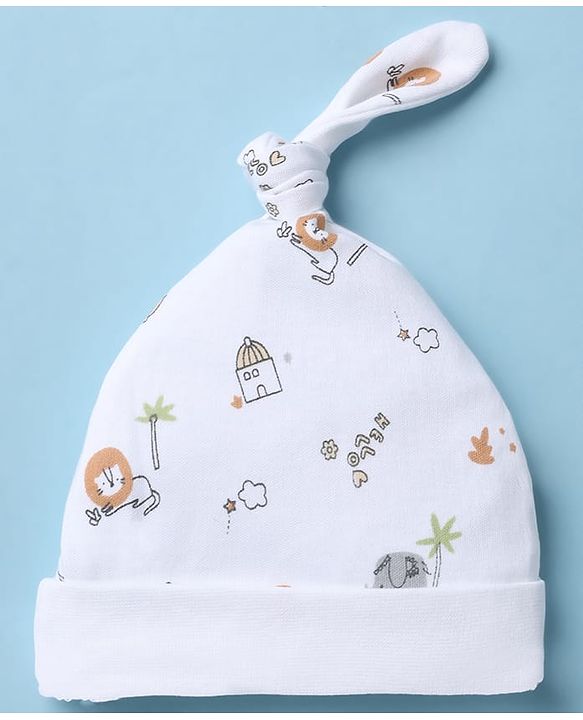 Babyhug 100% Cotton Interlock Knit Caps With Animal & Stripe Print Pack of 2 White & Lilac - Diameter 13.5 cm