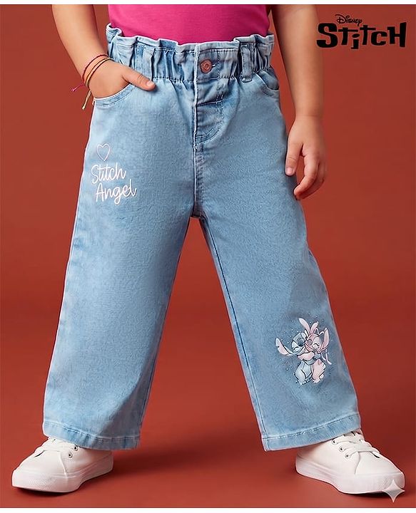 Babyhug Disney Denim Woven Full Length Jeans With Stitch Graphics - Blue