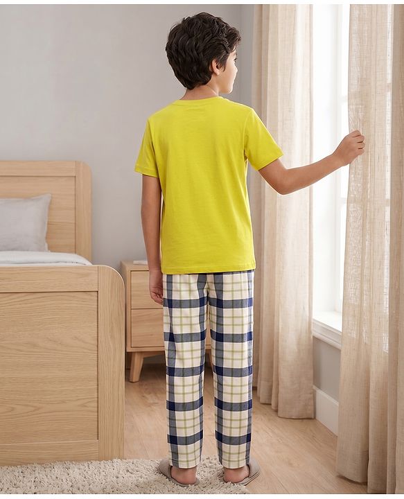 Pine Kids Cotton Knit Half Sleeves Text Printed T-Shirt & Pyjama Night Suit - Limegreen