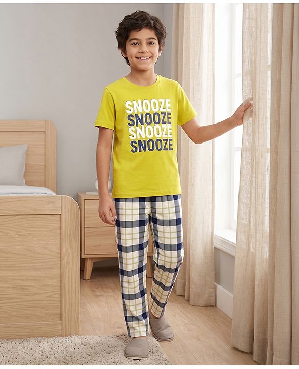 Pine Kids Cotton Knit Half Sleeves Text Printed T-Shirt & Pyjama Night Suit - Limegreen