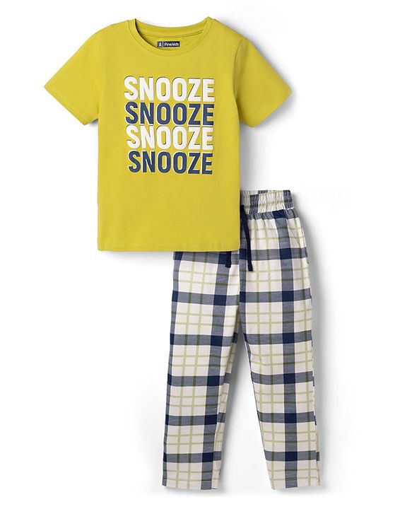Pine Kids Cotton Knit Half Sleeves Text Printed T-Shirt & Pyjama Night Suit - Limegreen