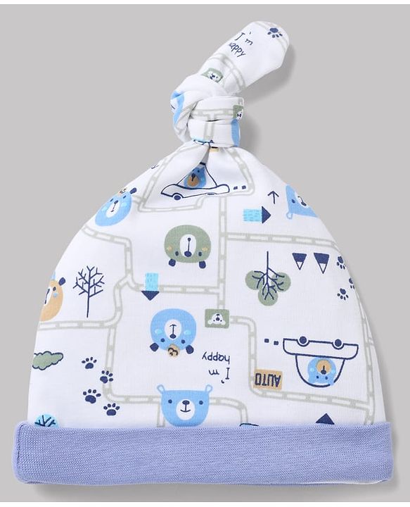 Babyhug 100% Cotton Interlock Knit Baby Caps with Animal & Vehicles Print Pack of 2 i White & Blue - Diameter 15 cm