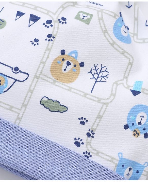 Babyhug 100% Cotton Interlock Knit Baby Caps with Animal & Vehicles Print Pack of 2 i White & Blue - Diameter 15 cm
