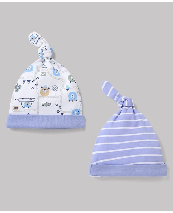 Babyhug 100% Cotton Interlock Knit Baby Caps with Animal & Vehicles Print Pack of 2 i White & Blue - Diameter 15 cm