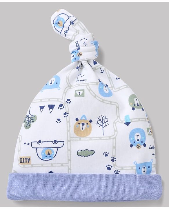 Babyhug 100% Cotton Interlock Knit Baby Caps with Animal & Vehicles Print Pack of 2 i White & Blue - Diameter 15 cm