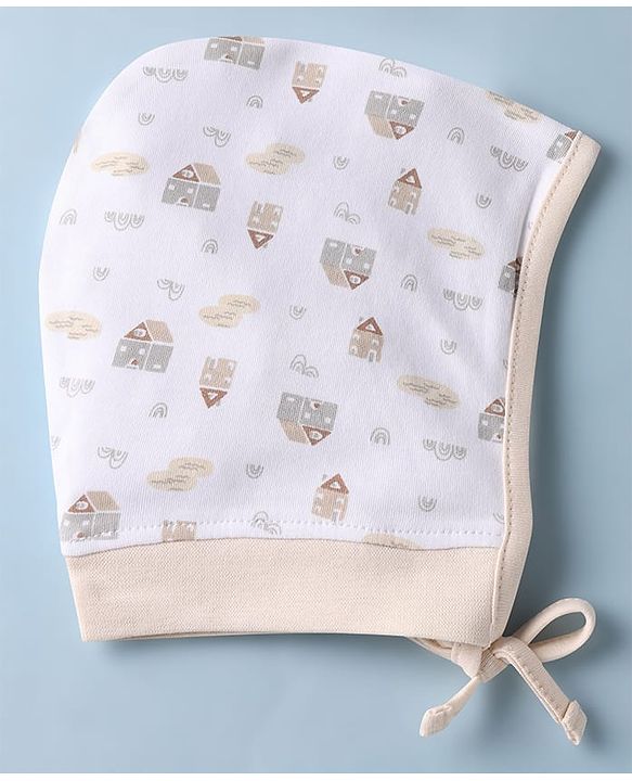 Babyhug 100% Cotton Interlock Knit Printed Cap Pack of 2 White - Diameter 19 cm