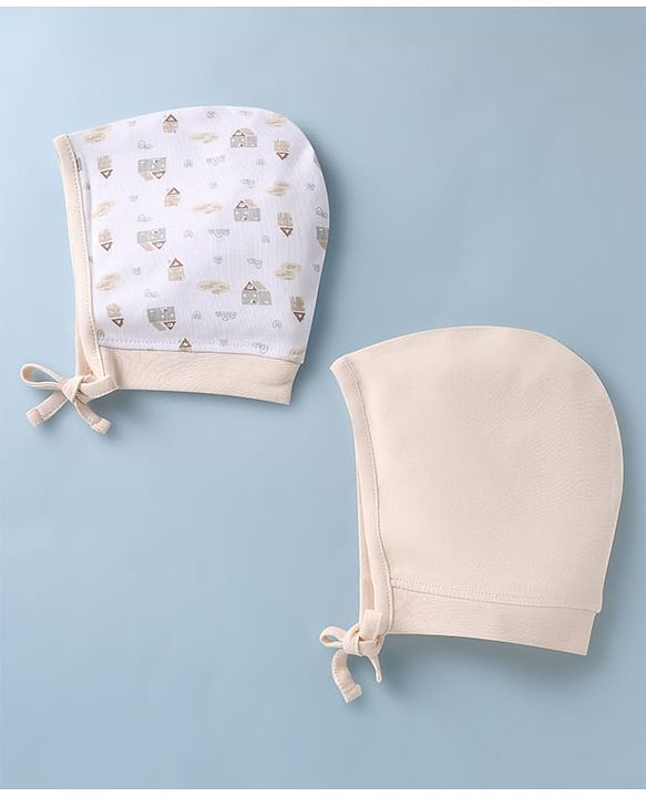 Babyhug 100% Cotton Interlock Knit Printed Cap Pack of 2 White - Diameter 19 cm