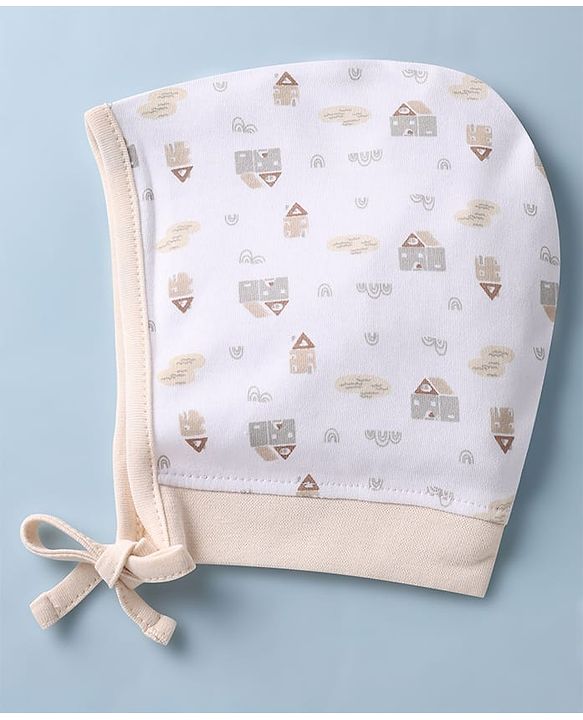 Babyhug 100% Cotton Interlock Knit Printed Cap Pack of 2 White - Diameter 19 cm