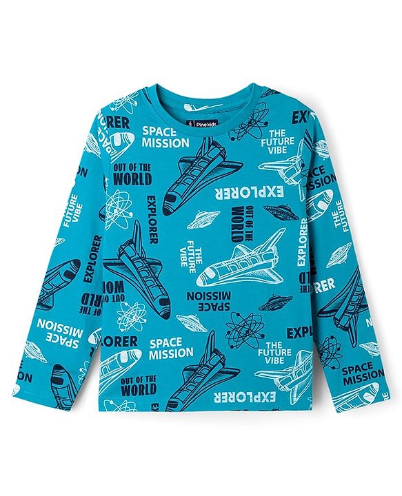Pine Kids Cotton Knit Full Sleeves T-Shirt & Pyjama Co-Ord Night Suit With Space Theme - Blue