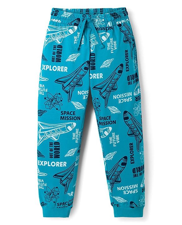 Pine Kids Cotton Knit Full Sleeves T-Shirt & Pyjama Co-Ord Night Suit With Space Theme - Blue